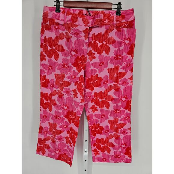 Versailles Women's Pink Mid Rise Floral Print Belt Loop Cotton Pant Size 14 - Picture 1 of 4